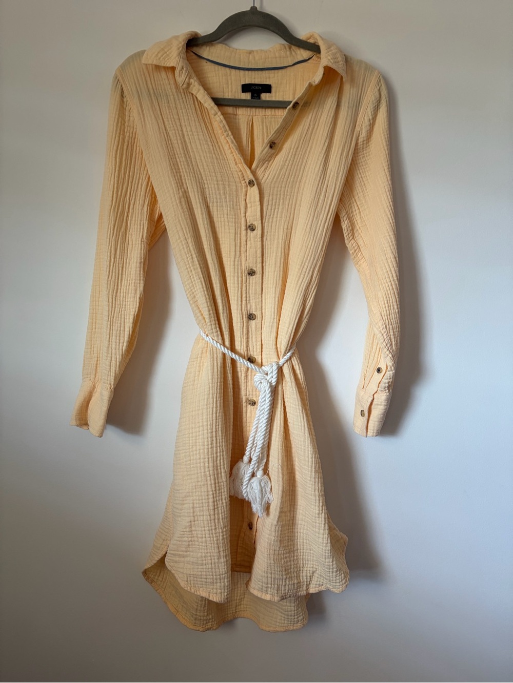 J.Crew butter yellow button down shirt dress w belt gauzy cotton coastal preppy